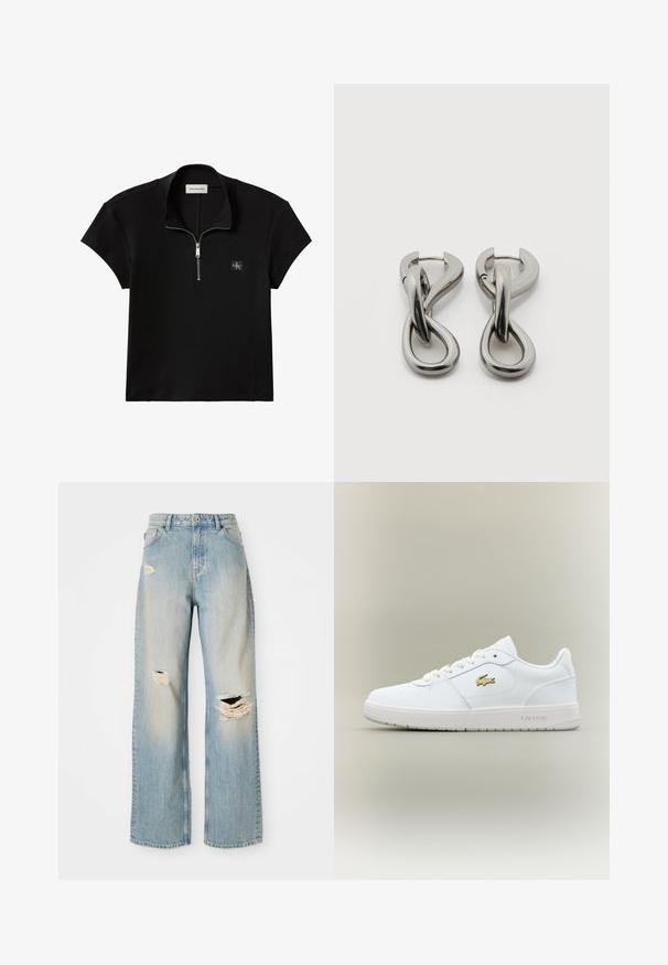 Čierny krátky rebrovaný top s polovičným zipsom na golieri a malou nášivkou s logom Calvin Klein na hrudi.; Svetlomodré džíny s rovnými nohavicami, vysokým pásom, pútkami na opasok a poškodenými roztrhnutiami na ľavom stehne, pravom kolene a na dolnej časti ľavej nohy.; Biele kožené tenisky s nízkym strihom, okrúhlou špičkou, šnurovaním a zlatým logom Lacoste na boku.; Pár strieborných kovových náušníc s abstraktným prepletajúcim sa slučkovým vzorom na bielom pozadí.