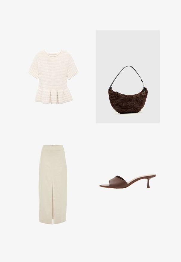 Cremefarbenes Kurzarm-Strickoberteil mit strukturierten horizontalen Streifen und einem leicht ausgestellten Rüschensaum.; Helle beige Midi-Rock mit geradem Schnitt und einem mittigen vorderen Schlitz. Aus einem glatten Stoff mit einem verdeckten Reißverschluss auf der Rückseite gefertigt.; Brauner Leder-Pantolette mit offenem Zehenbereich, niedrigem, schlankem Pfennigabsatz und gepolsterter Einlegesohle, dargestellt vor weißem Hintergrund.; Braune gewebte Handtasche mit geschwungener Form und schwarzem Einzel-Schulterriemen vor einem einfarbigen hellgrauen Hintergrund.