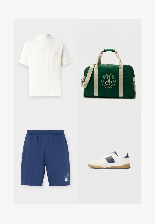 Polo en tricot blanc à manches courtes avec motif texturé et patte à deux boutons sur un fond uni.; Short bleu à taille élastique avec poches latérales et logo blanc "GAP" sur la partie inférieure gauche de la jambe.; Baskets blanches avec accent navy, en suède et cuir, bout rond et semelle en caoutchouc. Présente un logo sur le côté et à l'arrière.; Sac polochon vert avec des sangles beige, fermeture à glissière, et un logo rond sur le devant indiquant "Marc O'Polo Stockholm 1967".
