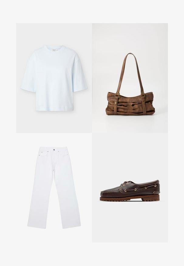 T-shirt unisexe à manches courtes bleu clair avec un col rond et une coupe décontractée, présenté sur un fond gris clair uni.; Jean droit blanc avec cinq poches, passants de ceinture et fermeture avant par bouton et zip, posé à plat sur un fond blanc.; Bateau en cuir marron avec des œillets dorés, des lacets ronds et une semelle en caoutchouc marron texturée. Présente des détails de couture et un logo en relief.; Even&Odd by Zalando Sac à main - brown