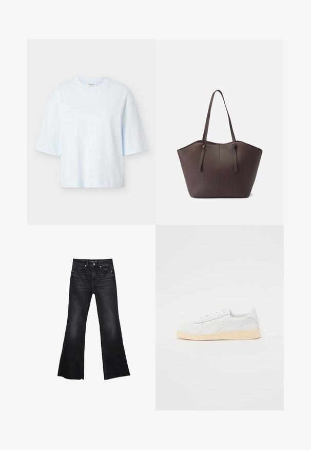 T-shirt unisexe à manches courtes bleu clair avec un col rond et une coupe décontractée, présenté sur un fond gris clair uni.; Jean noir évasé en denim avec une texture légèrement délavée. Comprend des poches avant, une fermeture éclair et des accents de couture visibles.; Baskets avec une tige en synthétique blanc, design perforé, lacets plats et semelle en caoutchouc crème. Présente un logo sur le talon et le côté.; Sac en cuir marron avec un large haut ouvert, deux longues poignées et une surface texturée. Dispose d'une silhouette structurée et d'un minimalisme dans les détails.