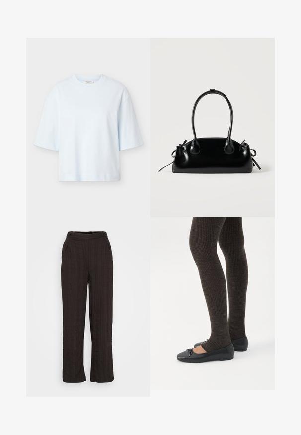 T-shirt unisexe à manches courtes bleu clair avec un col rond et une coupe décontractée, présenté sur un fond gris clair uni.; Pantalons larges noirs en tissu texturé avec un design plissé. Dotés d'une ceinture élastique et de poches latérales.; Jambes portant des leggings côtelés foncés associés à des ballerines noires avec de petits détails en nœud sur fond blanc.; Petit sac à main noir brillant avec deux longues anses et des détails à cordon sur les côtés sur un fond clair uni.