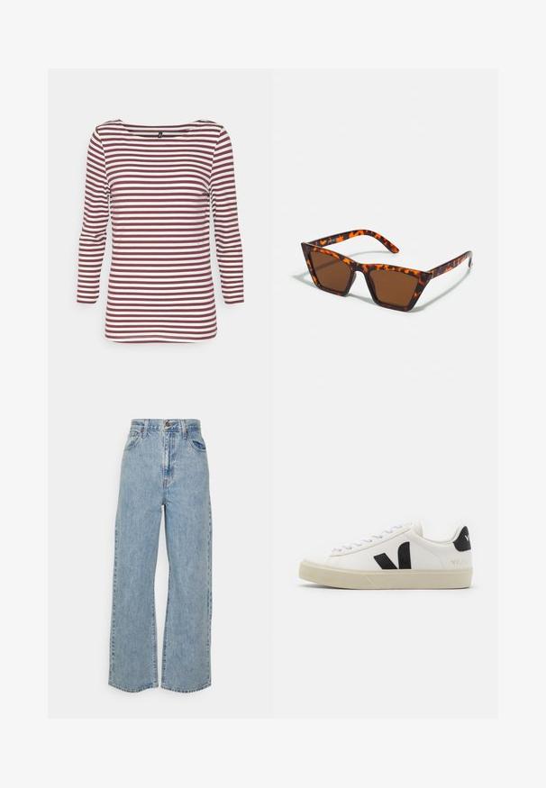 ONLY Tall ONLFIFI 3/4 BOATNECK BOX - Top s dlhým rukávom - chocolate truffle/cloud dancer; Svetlomodré široké deninové džínsy s vysokým pásom, predným zapínaním na gombík, zipsom a piatimi vreckami na jednofarebnom pozadí.; Biele kožené tenisky s čiernym gumovým logom V. Textúrovaná svetlo krémová podrážka, biele šnúrky a detail na zadnej päte s názvom značky v čiernej farbe.; Hnedé slnečné okuliare s motívom korytnačiny, ostré rámy a štíhle nožičky. Ľahký plastový materiál.