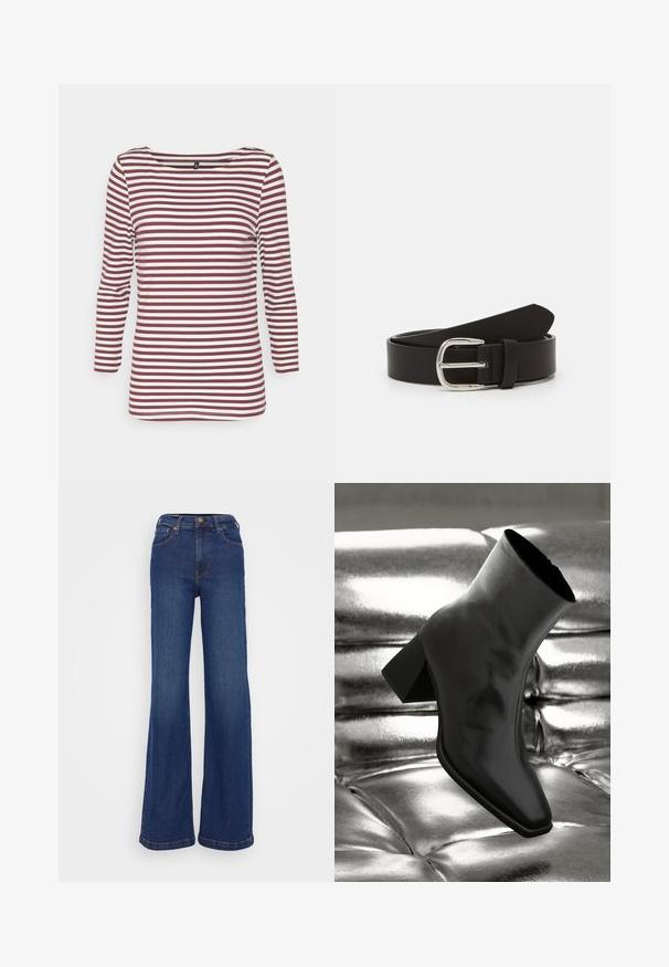 ONLY Tall ONLFIFI 3/4 BOATNECK BOX - Μπλούζα με μακριά μανίκια - chocolate truffle/cloud dancer; Πλατιά τζιν παντελόνια από σκούρο μπλε ντένιμ. Διαθέτουν ψηλή μέση, σχέδιο με πέντε τσέπες και διακριτή ραφή στις ραφές.; Μαύρη μπότα μέχρι τον αστράγαλο από γυαλιστερό υλικό, με τετράγωνη μύτη και λεπτό τακούνι, σε φόντο από γυαλιστερό ασημένιο ταπέτο.; Μαύρη δερμάτινη ζώνη με λεία υφή, διαθέτοντας μεταλλική ασημένια αγκράφα και κομμένο άκρο. Απλός, κλασικός σχεδιασμός.