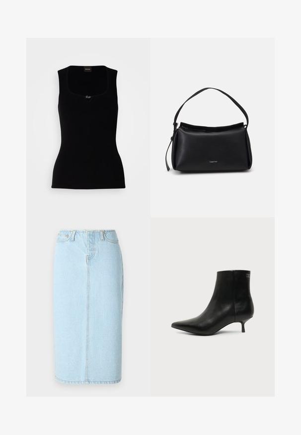 Sort ribbet tanktop med firkantet udskæring, der har en lille logoaccent i midten. Lavet af et blødt, tekstureret materiale.; Lys blå denim blyantskørt med høj talje, fem lomme-design og subtile syninger langs sømmene.; Sort læder ankelstøvle med spids tå og lav kitten hæl på lys baggrund, der viser yderside.; Sorte læderhåndtaske med en buet form, en enkelt skulderrem og lynlås lukning øverst. Har et diskret logo på fronten til branding.