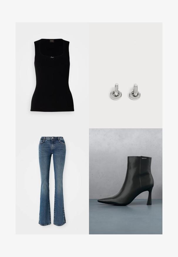 Sort ribbet tanktop med firkantet udskæring, der har en lille logoaccent i midten. Lavet af et blødt, tekstureret materiale.; Mørkeblå flagrende jeans med en tætsiddende talje og detaljeret syning, som har nittede accenter langs sidesømmen og en klassisk denim tekstur.; Sort læder ankelstøvle med spids tå og geometrisk hæl. Har subtil branding og en glat overflade. Baggrunden består af strukturerede fliser.; Par små, skinnende sølv hoops med rund base, vist på en ensfarvet lys baggrund.