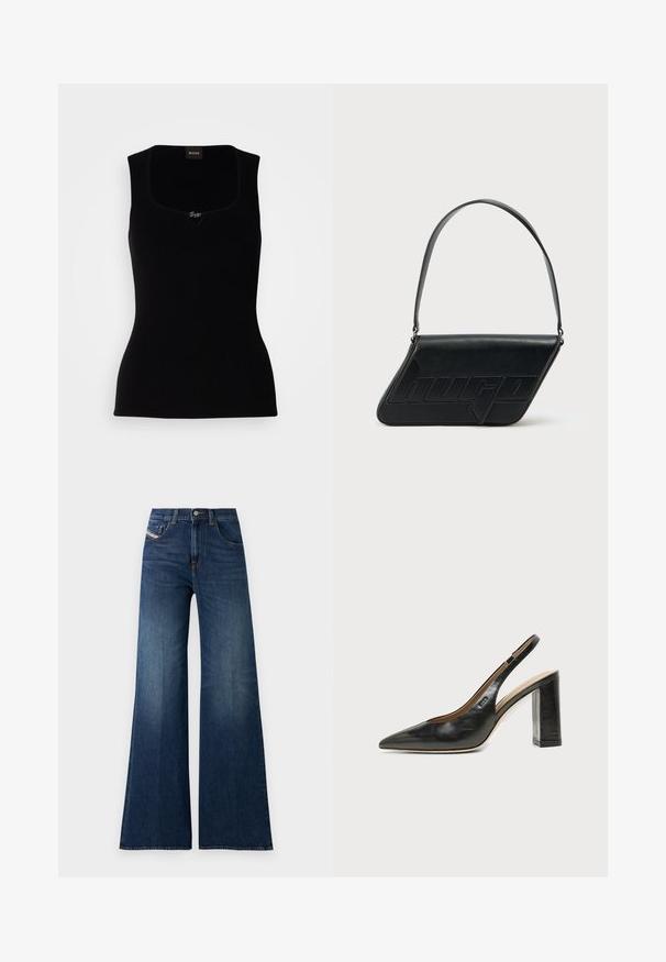 Débardeur noir côtelé avec un décolleté carré, arborant un petit logo en accent au centre. Confectionné dans un matériau doux et texturé.; Jeans taille haute, bleu foncé, à jambe large, avec poches avant et à pièce, fermeture à bouton et détails de décoloration subtile sur les cuisses.; Chaussure slingback en cuir noir à bout pointu avec un talon bloc haut et une doublure intérieure beige sur un fond clair uni.; Sac d'épaule en cuir noir de forme triangulaire, avec un logo embossé et une seule bandoulière réglable. Design minimaliste avec une texture lisse.