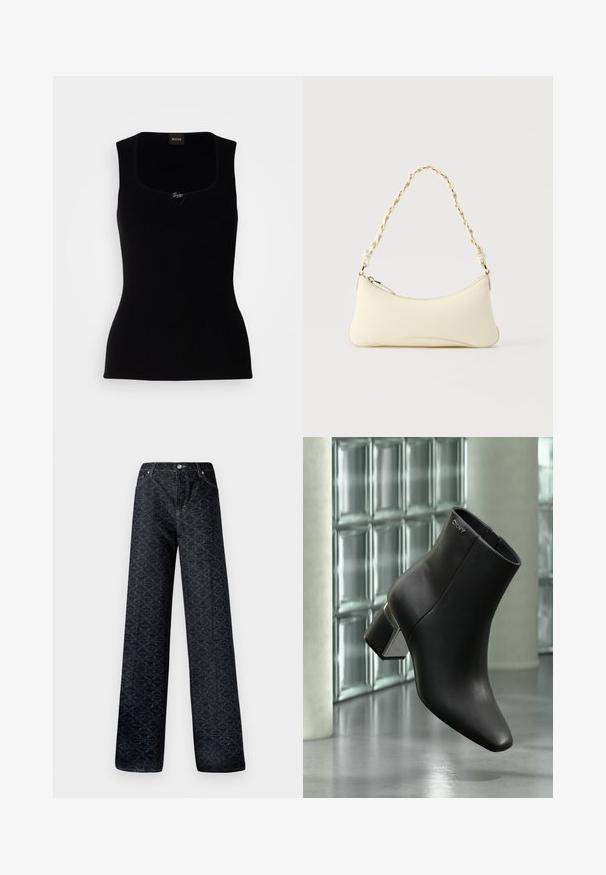 Schwarzes geripptes Tanktop mit quadratischem Ausschnitt, versehen mit einem kleinen Logo-Akzent in der Mitte. Hergestellt aus einem weichen, strukturierten Material.; Dunkelblaue, weite Jeans mit geometrischem Muster, aus Denim gefertigt. Mit Metallknopf, Reißverschluss und Kettelung der vorderen Taschen.; Schwarzer Leder-Stiefelette mit Blockabsatz, DKNY-Logo nahe oben, dargestellt vor einer Glasblockwand und poliertem Betonboden.; Kleine handtasche in Cremefarben mit geschwungener Form und geflochtenem, goldfarbenem Kettenhenkel, Reißverschluss oben