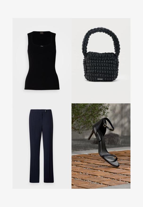 Sort ribbet tanktop med firkantet udskæring, der har en lille logoaccent i midten. Lavet af et blødt, tekstureret materiale.; Marineblå skræddersyede bukser lavet af et glat stof, med flad front, lige ben og en subtil sølvdetalje i taljen.; Sort højhælet sandal med ankelsnor, der ser ud til at svæve over et trægulv udendørs med sløret grønt og sten i baggrunden.; Lille sort quiltet håndtaske med kort polstret håndtag og "HUGO" mærke på forsiden, vist mod en ensfarvet lys baggrund.