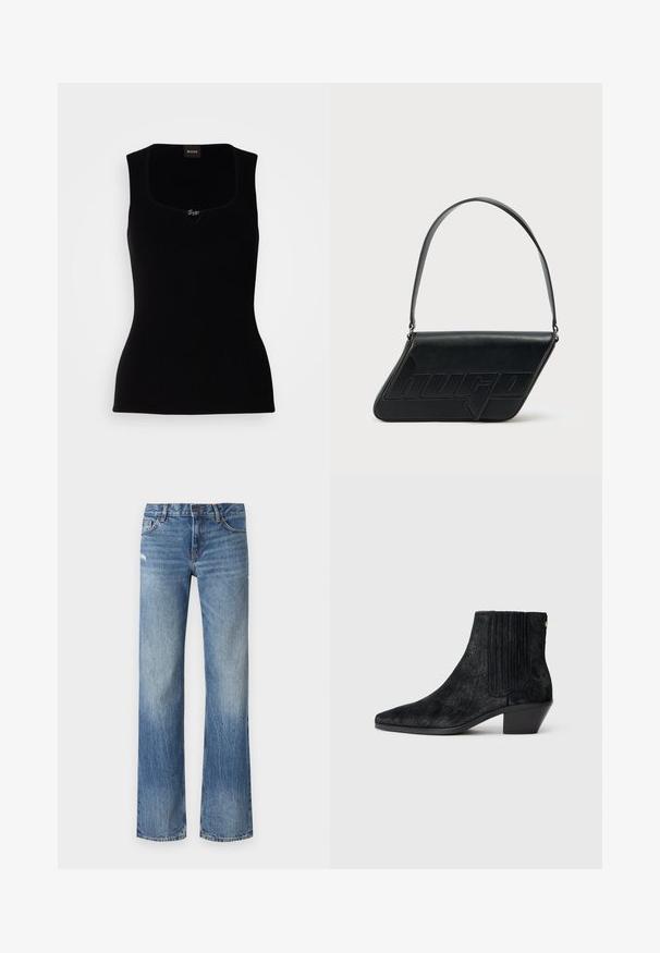Schwarzes geripptes Tanktop mit quadratischem Ausschnitt, versehen mit einem kleinen Logo-Akzent in der Mitte. Hergestellt aus einem weichen, strukturierten Material.; Helle bluejeans aus Denim mit geradem Bein, ausgewaschenen Details und klassischem Fünf-Taschen-Stil mit sichtbaren Nähten.; Schwarze Knöchelstiefel mit spitzem Zehen, strukturiertem haarähnlichem Material, geripptem Seitenpaneel und niedrigem Blockabsatz. Schlichtes und modernes Design.; Schwarze Leder-Umhängetasche mit dreieckiger Form, geprägt mit Logo und einem einzigen verstellbaren Riemen. Minimalistisches Design mit glatter Textur.