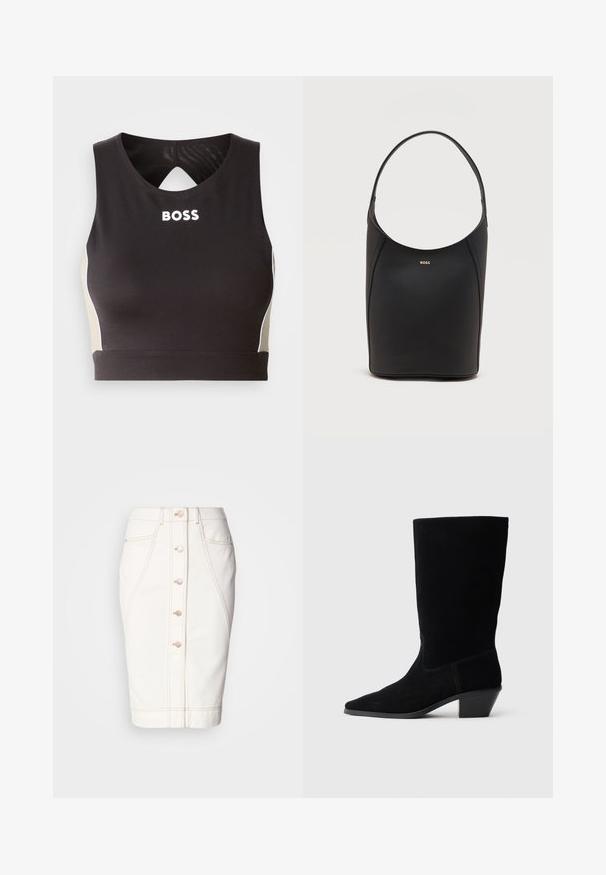 Crop top de sport noir avec un dos en clé, présentant l'inscription "BOSS" en blanc et des accents beige sur les côtés. Fabriqué en tissu extensible et lisse.; Jupe en denim blanc avec un bouton à l'avant, couture visible et une silhouette crayon. Pas de poches visibles. Texture lisse.; Bottine en daim noir avec un bout pointu, tige de hauteur moyenne et un talon épais. Présente des coutures minimales et une texture lisse.; Sac seau en cuir noir avec une seule bandoulière et un petit logo BOSS doré centré près du haut à l'avant.