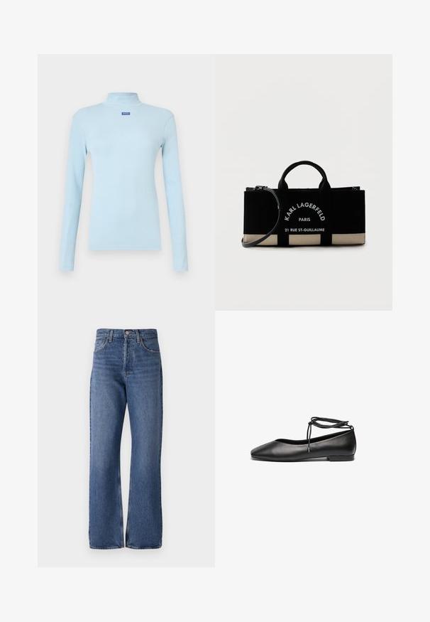 Lichtblauw coltruitje met lange mouwen, gemaakt van geribd stof, met een klein blauw logo op de borst en een getailleerd model.; Blauwe denim jeans met een hoge taille, wijde pijpen, klassiek vijf-pocket ontwerp en subtiele vervagingen in de stof.; Zwarte leren ballerina's met een spitse neus, platte hak en een wikkelbandje rond de enkel. Glad oppervlak, minimalistisch ontwerp.; Zwart-beige rechthoekige tote bag met twee handvatten en schouderriem, met de tekst "KARL LAGERFELD PARIS 21 RUE ST-GUILLAUME".