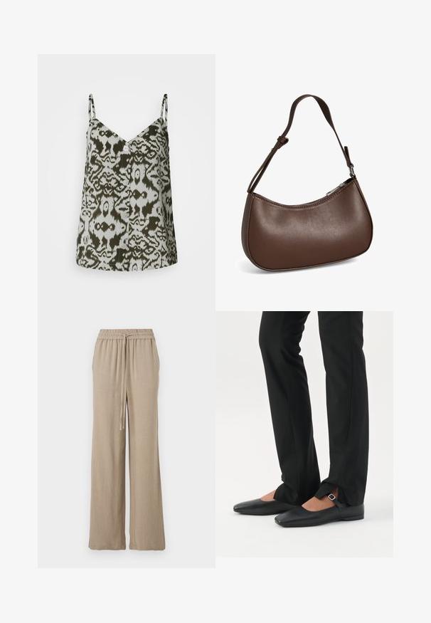 Satin cami-top med v-hals, justerbare stropper og et grønt og hvidt abstrakt mønster med en knapdetalje foran.; Beige vide bukser lavet af et letvægtsstof. Har en elastisk talje med snor og sidelommer. Glat tekstur.; Ben iført sorte smalle bukser med forreste slidser ved kanten, parret med sorte flade Mary Jane-sko med lille spænde.; Lille brun skuldertaske i læder med justerbar rem og lynlåslukning, vist mod hvid baggrund. Ingen synligt branding eller dekorationer.