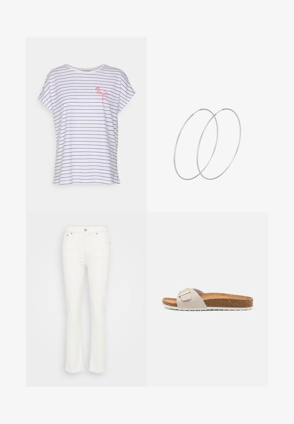 Camiseta blanca con rayas horizontales azules, de manga corta, un corte relajado y un bordado de flamenco rosa en el lado izquierdo del pecho.; Jeans de mezclilla blanca acampanados con cintura media, cierre de botón en la parte delantera y un detalle de costura minimalista, que ofrecen una textura suave.; Chancla deslizante gris claro con una correa texturizada y una hebilla dorada. Cuenta con una plantilla de corcho y una suela de goma blanca con un patrón de zigzag.; Pendientes de aro plateados con un diseño minimalista. Forma circular, textura suave y perfil delgado. Livianos con un acabado pulido.