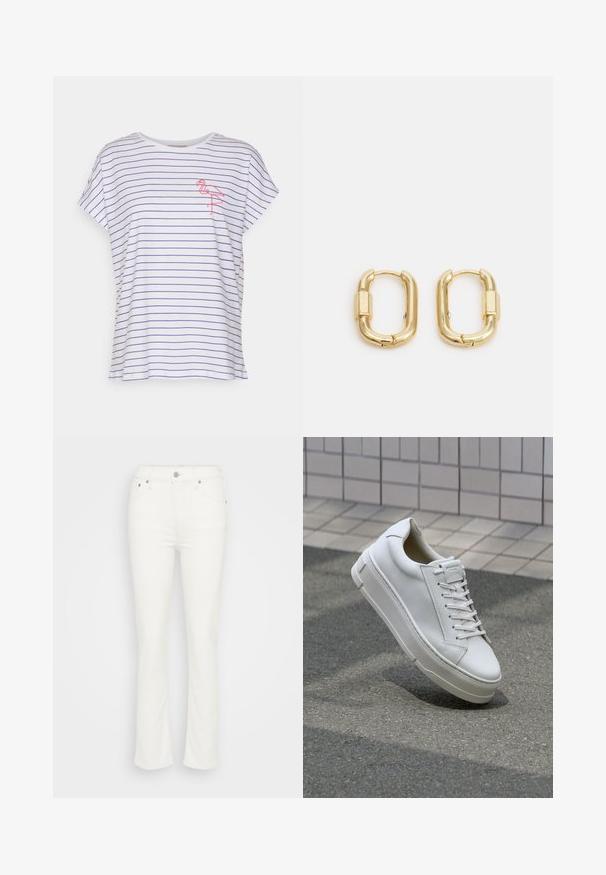 Hvid T-shirt med vandrette blå striber, korte ærmer, en afslappet pasform og en pink flamingo broderet på venstre bryst.; Hvide denim flare jeans med en mellemhøj talje, foran knaplukning og minimal syning, der tilbyder en glat overflade.; Hvide lædersneakers med lavt design, flade snører, rund tå og strukturerede sider. Tyk gummisål med diskrete detaljer.; sweet deluxe DELILAH - Øreringe - gold-coloured