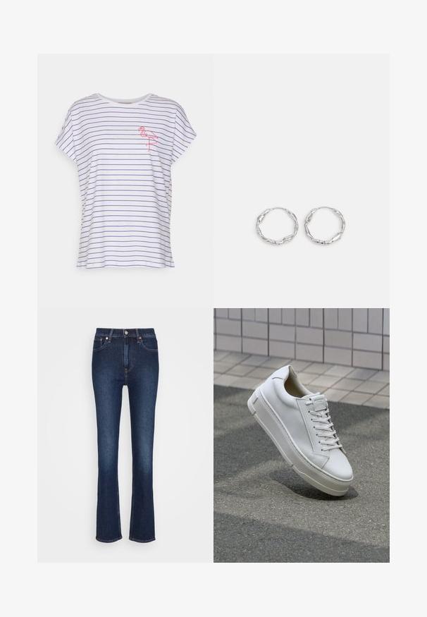 Camiseta blanca con rayas horizontales azules, de manga corta, un corte relajado y un bordado de flamenco rosa en el lado izquierdo del pecho.; Vaqueros de mezclilla azul oscuro con un corte recto, que cuentan con cierre de botones, presillas para cinturón y bolsillos frontales. Textura suave con un detalle mínimo.; Zapatilla de cuero blanca con diseño bajo, cordones planos, punta redondeada y laterales texturizados. Suela de goma gruesa con acentos sutiles.; Pendientes de aro plateados con textura ondulada e irregular. Presentan una forma circular delgada y un acabado reflectante.