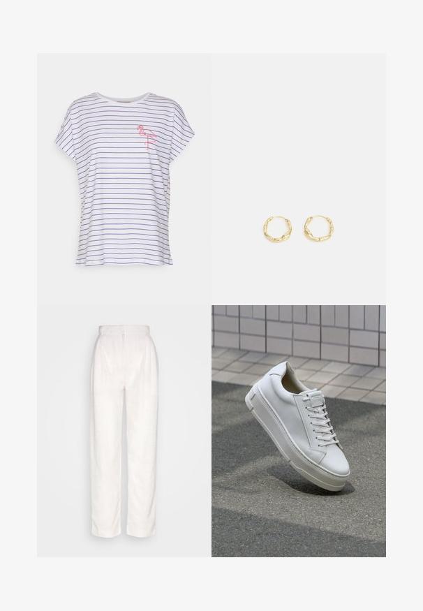 Camiseta blanca con rayas horizontales azules, de manga corta, un corte relajado y un bordado de flamenco rosa en el lado izquierdo del pecho.; Samsøe Samsøe MEME TROUSERS - Pantalones - rosewater; Zapatilla de cuero blanca con diseño bajo, cordones planos, punta redondeada y laterales texturizados. Suela de goma gruesa con acentos sutiles.; Pendientes de aro de oro con una superficie texturizada e irregular. Presentan un diseño ligero y una forma circular, aptos para el uso diario.