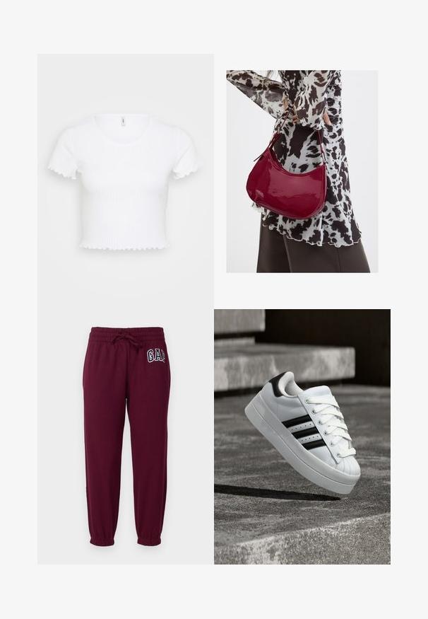 Top court blanc à côtes avec des manches courtes, présentant un décolleté rond et des bords festonnés aux manches et à l'ourlet. Texture lisse.; GAP Petite HERITAGE - Pantalon de survêtement - ruby wine; Basket blanche avec des rayures et des lacets noirs flottant au-dessus d'escaliers en béton, montrant le côté et l'avant de la chaussure.; Femme portant un chemisier à motif noir et blanc tenant un sac à main rouge brillant sur un fond uni.