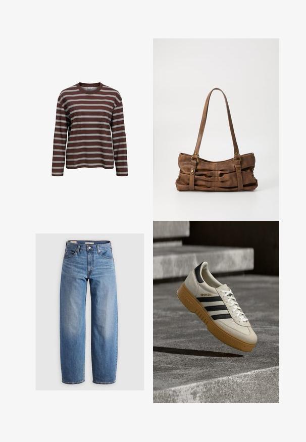 Camisa marrón de manga larga con rayas horizontales blancas y azul claro y cuello redondo, mostrada sobre un fondo blanco liso.; Jeans de pierna recta de un azul claro, hechos de denim. Presentan un diseño clásico de cinco bolsillos y un ligero desvanecimiento a lo largo de las piernas.; Zapatilla deportiva de ante beige con rayas negras, cordones blancos y suela de goma color caramelo. Presenta la marca "SPEZIAL" en el lateral.; Even&Odd by Zalando Bolso de mano - brown