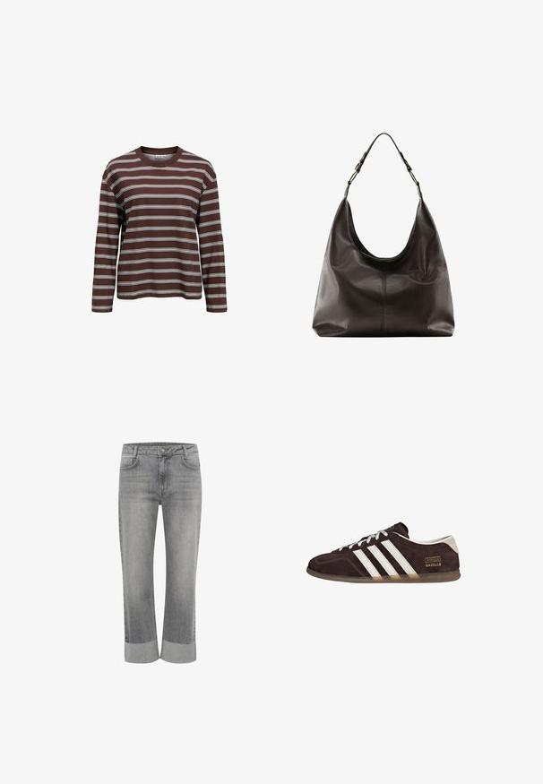 Chemise marron à manches longues avec des rayures horizontales blanches et bleu clair et un col rond, présentée sur un fond blanc uni.; Jean en denim gris au design droit, avec un ourlet replié. Style classique à cinq poches et fermeture avant à bouton.; Baskets en suède marron avec trois bandes blanches, semelle en caoutchouc, et étiquette avec le texte "Gazelle" en or. Fermeture à lacets avec lacets gris.; Sac hobo en cuir noir avec bandoulière réglable et surpiqûre centrale visible sur une surface lisse.
