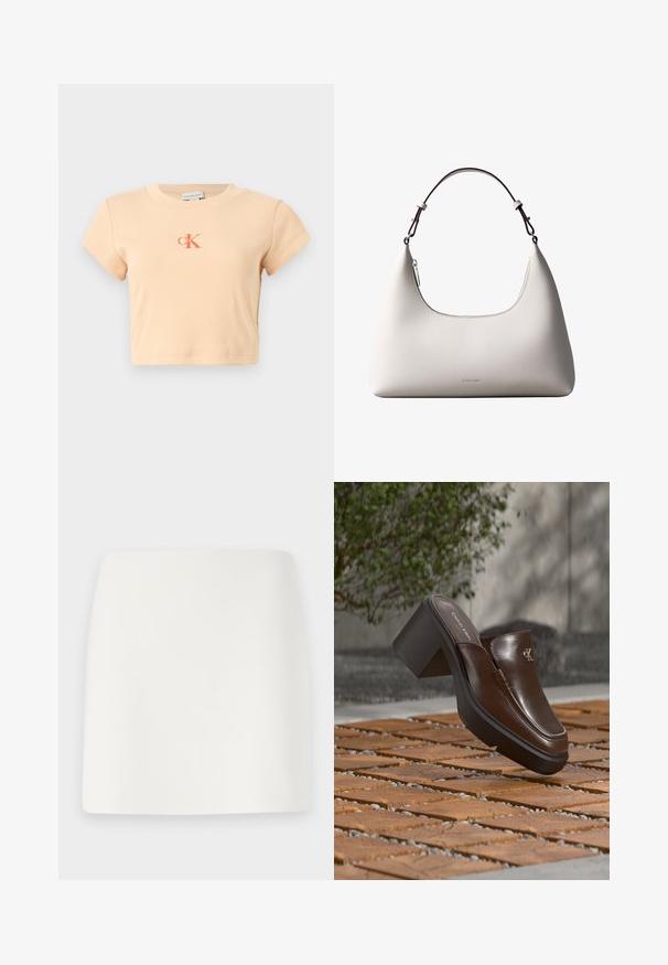 T-shirt court à manches courtes de couleur pêche clair, fabriqué en coton côtelé, avec un logo central en orange foncé et des détails de couture minimalistes.; Jupe mini blanche ajustée avec une texture lisse et des lignes épurées. Pas de motifs ou de quincaillerie visibles. Ourlet droit en bas.; Mule à talon en cuir marron Calvin Klein flottant au-dessus d'un sol en carrelage en bois avec en arrière-plan une plante verte et un mur flous.; Sac à bandoulière en cuir couleur crème de Calvin Klein avec bord supérieur incurvé, fermeture éclair argentée et sangle ajustable brun foncé.