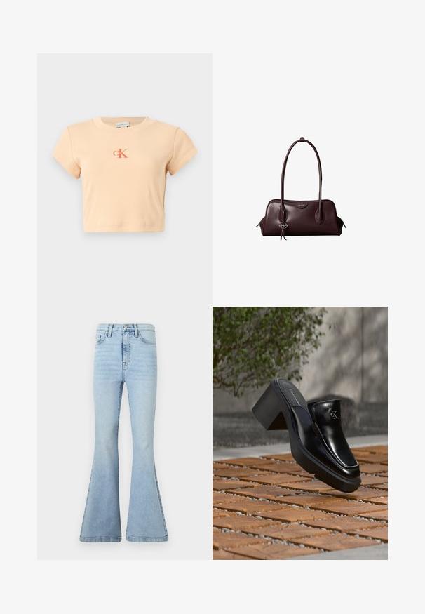 Svetloružový krátky crop top s krátkymi rukávmi vyrobený z rebrovanej bavlny, s centrálnym logom v tmavšej oranžovej farbe a minimálnymi detailmi šitia.; Svetlomodré rozšírené džínsy vyrobené z denimu, s vysokým pásom, jemným vyblednutím a veľkými zvonovými nohavicami s čistým lemom.; Čierne kožené šľapky Calvin Klein s blokovým podpätkom, ktoré oddychujú na drevených dlaždiciach vonku blízko zelenej rastliny a šedej steny.; Tmavohnedá kožená kabelka Calvin Klein s dlhými dvojitými rúčkami a malým logom zaveseným na jednej rúčke.