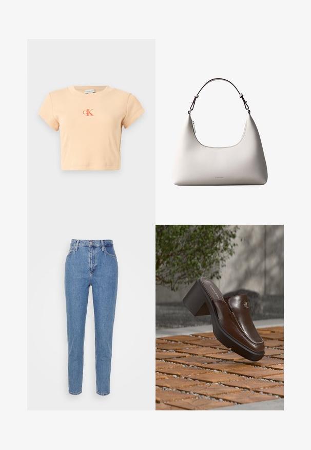 Svetloružový krátky crop top s krátkymi rukávmi vyrobený z rebrovanej bavlny, s centrálnym logom v tmavšej oranžovej farbe a minimálnymi detailmi šitia.; Modré vysoko sohnuté rovné nohavice s predným gombíkom a zipsom, pútka na opasok a vrecká, vystavené na jednoduchom bielom pozadí.; Hnedý kožený Calvin Klein šľapák na podpätku vznášajúci sa nad prírodnou dlažbou s rozmazanou zelenou rastlinou a stenou v pozadí.; Krémová kožená kabelka Calvin Klein cez rameno s oblým horným okrajom, strieborným zipsom a tmavo hnedým nastaviteľným remienkom.