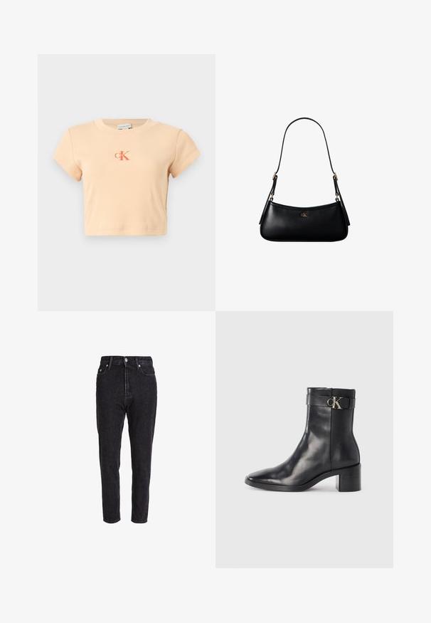 Svetloružový krátky crop top s krátkymi rukávmi vyrobený z rebrovanej bavlny, s centrálnym logom v tmavšej oranžovej farbe a minimálnymi detailmi šitia.; Čierne denimové džínsy s vysokým pásom, zúženými nohavicami a klasickým dizajnom s piatimi vreckami. Tkanina je mierne textúrovaná a pevná.; Čierne kožené členkové čižmy s špicatou špičkou, blokovým podpätkom a pásikom s kovovým logom. Hladká textúra a minimalistický dizajn.; Čierna kožená mini kabelka cez rameno s tenkým remienkom a malým zlatým logom CK v strede na prednej strane.