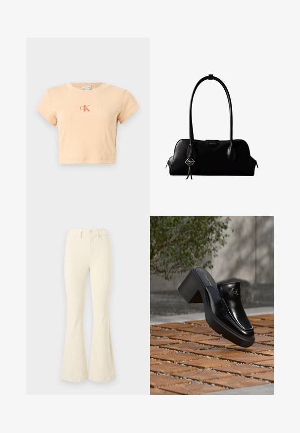 Licht perzikkleurig cropped t-shirt met korte mouwen, gemaakt van ribbed katoen, met een centraal logo in donkeroranje en minimale stikdetails.; Crèmekleurige flared jeans van katoen, met een hoge taille, knoopsluiting en strakke lijnen zonder zichtbare patronen of accenten.; Zwarte leren Calvin Klein slip-on mule met blokhak rustend op houten tegels buiten, vlak bij een groene plant en een grijze muur.; Zwarte leren Calvin Klein handtas met lange hengsels, een logo-label aan de voorkant en een zilverkleurige geometrische hanger die aan één hengsel hangt.