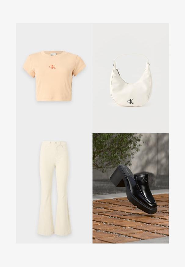 Svetloružový krátky crop top s krátkymi rukávmi vyrobený z rebrovanej bavlny, s centrálnym logom v tmavšej oranžovej farbe a minimálnymi detailmi šitia.; Krémové rozšírené džínsy vyrobené z bavlny, s vysokým pásom, zapínaním na gombík a čistými líniami bez viditeľných vzorov alebo akcentov.; Čierne kožené šľapky Calvin Klein s blokovým podpätkom, ktoré oddychujú na drevených dlaždiciach vonku blízko zelenej rastliny a šedej steny.; Malá biela kabelka v tvare polmesiaca s krátkym remienkom, zapínaním na zips a čiernym logom "cK" na prednej strane.