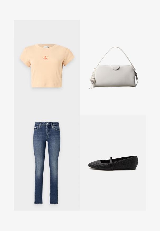 Svetloružový krátky crop top s krátkymi rukávmi vyrobený z rebrovanej bavlny, s centrálnym logom v tmavšej oranžovej farbe a minimálnymi detailmi šitia.; Chudé džíny v tmavom denime, s stredne vysokým pásom, piatimi vreckami, viditeľným šitím a gombíkovým zapínaním v páse.; Čierna plochá obuv s zaoblenou špičkou, reliéfnym geometrickým vzorom a jedným tenkým remienkom cez hornú časť, zobrazená z bočného profilu.; Biela obdĺžniková kabelka Calvin Klein s jedným rúčikom, minimalistickým dizajnom a dekoratívnymi strapcami s geometrickým kovovým príveskom na boku.