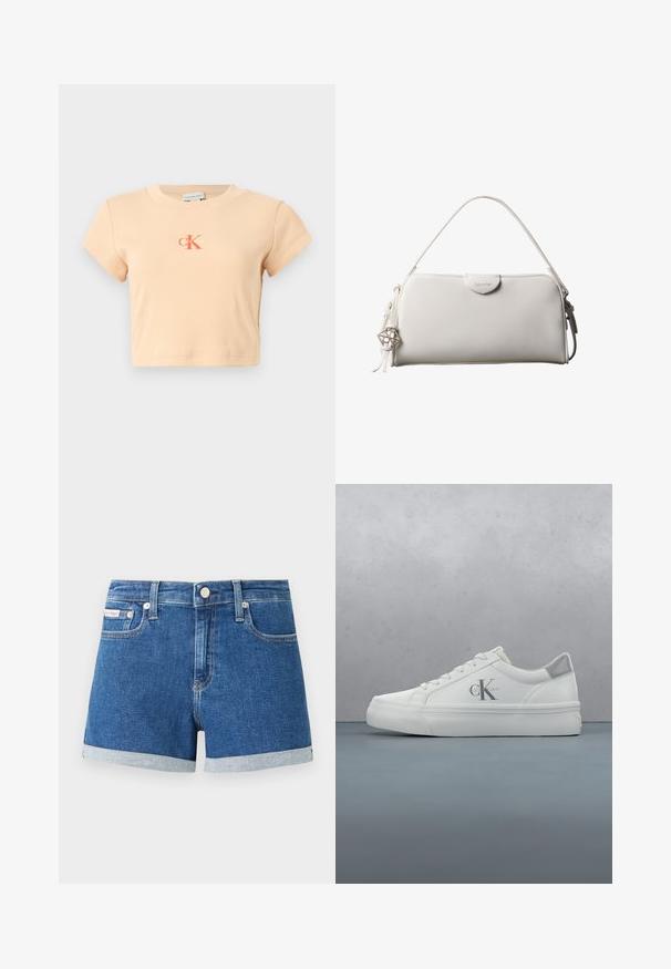 Licht perzikkleurig cropped t-shirt met korte mouwen, gemaakt van ribbed katoen, met een centraal logo in donkeroranje en minimale stikdetails.; Donkerblauwe denim shorts met omgeslagen zoom. Voorzien van een knoopsluiting en voorkanten zakken. Gladde textuur met subtiele stikdetails.; Witte leren sneakers met een platte zool, voorzien van een subtiele grijze hielaccent en een prominent 'CK' logo aan de zijkant.; Witte rechthoekige Calvin Klein handtas met enkele handgreep, minimalistisch ontwerp en decoratieve kwastjes met geometrische metalen hanger aan de zijkant.