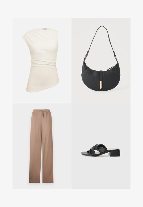 Haut asymétrique sans manches de couleur crème, avec une texture subtile et un léger froncement à la taille, étiqueté "ANNA FIELD" au niveau du col.; Pantalon beige à jambe large avec taille élastique et cordon de serrage, en tissu léger, présenté à plat sur fond blanc.; Sandale en cuir noir avec un design supérieur tordu, bout carré et un petit talon carré, présentant une texture lisse et un style minimaliste.; Sac à main noir en forme de croissant avec une bandoulière unique, une fermeture éclair dorée et une languette décorative rectangulaire dorée à l'avant.