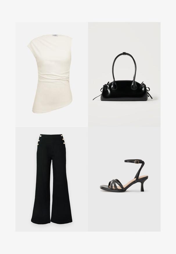 Haut asymétrique sans manches de couleur crème, avec une texture subtile et un léger froncement à la taille, étiqueté "ANNA FIELD" au niveau du col.; Pantalon noir taille haute en denim. Coupe à jambes larges avec quatre boutons dorés en décoration sur le côté. Texture lisse et coupe ajustée.; Sandales à talons noirs avec plusieurs fines lanières sur le bout, une seule lanière à la cheville avec une boucle dorée, et un bout carré.; Petit sac à main noir brillant avec deux longues anses et des détails à cordon sur les côtés sur un fond clair uni.