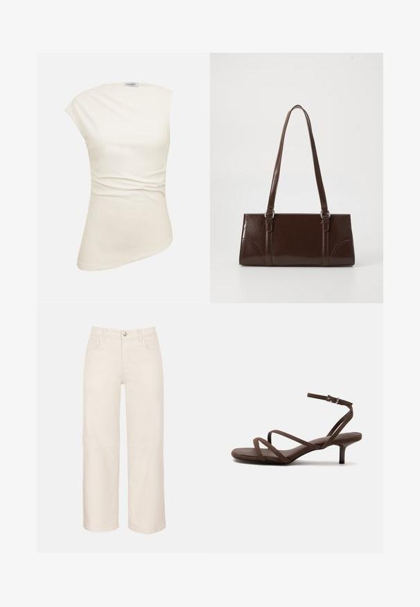 Haut asymétrique sans manches de couleur crème, avec une texture subtile et un léger froncement à la taille, étiqueté "ANNA FIELD" au niveau du col.; Pantalon court taille haute à jambes larges en écru avec bouton et fermeture éclair devant, passants pour ceinture, poches avant et arrière.; Sandale marron à talons hauts avec fines lanières croisées et bride de cheville avec boucle argentée sur fond blanc.; Sac à main en cuir verni marron de forme rectangulaire, avec deux longues poignées et des accents courbés subtils à l'avant.