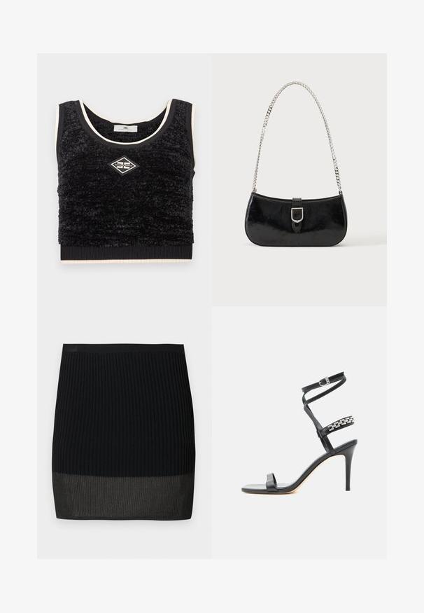 Haut court sans manches noir texturé avec bordure crème et écusson logo en forme de losange centré avec l'inscription "Elisabetta Franchi".; Mini-jupe en tricot côtelé noir avec une bande inférieure contrastante d'une teinte légèrement plus claire, présentant une silhouette ajustée et une taille élastique.; Sandale noire à talon haut avec fine bride à la cheville, bride médiane décorée de maillons de chaîne argentés, et design à bout ouvert.; Sac à épaule en cuir verni noir avec détail de boucle argentée et bandoulière en chaîne argentée, présenté sur un fond uni clair.