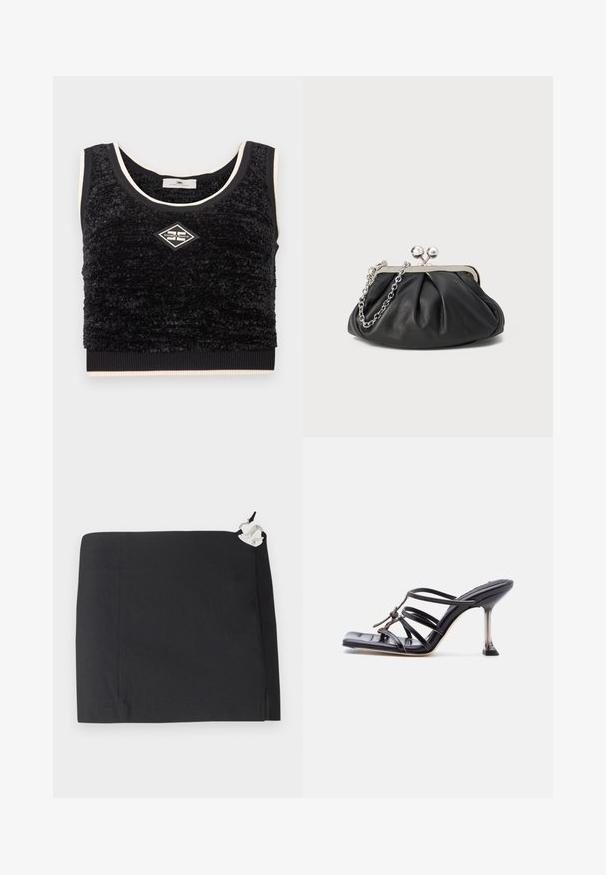 Top corto sin mangas negro con textura, ribete crema y parche de logotipo en forma de diamante centrado que dice "Elisabetta Franchi".; Falda negra con un diseño elegante, forma recta y textura suave. Incluye un detalle de hardware blanco en el lateral.; Sandalia negra de tacón alto con tiras, punta cuadrada y tacón de aguja delgado, con tiras superpuestas y un detalle anudado en la parte superior.; Clutch de cuero negro con textura arrugada, marco de metal en tono plateado, cierre de beso y cadena para colgar. Superficie suave y lisa.