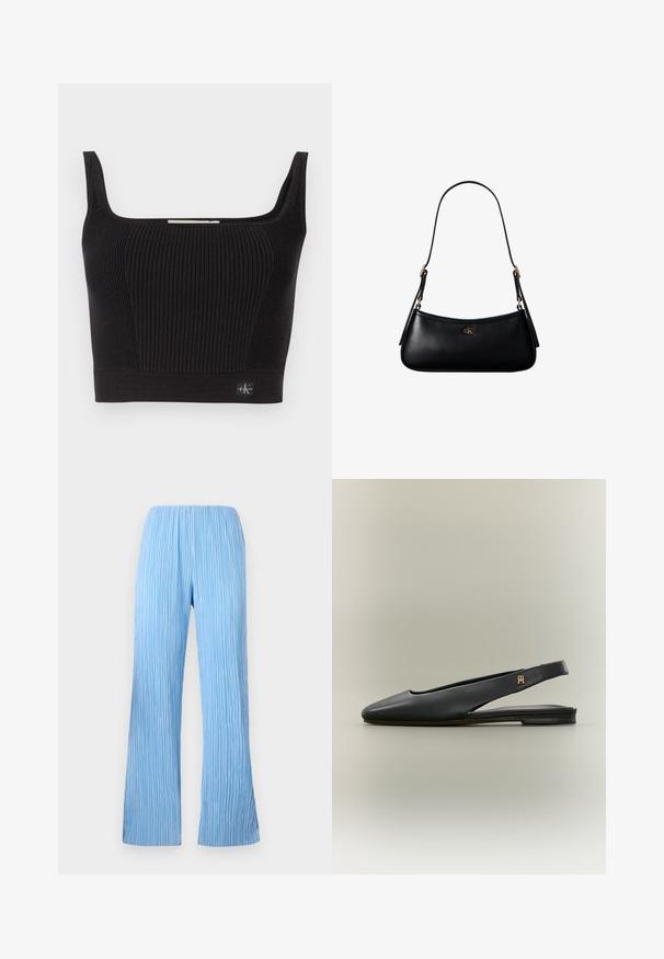 Top court noir côtelé avec de larges bretelles, décolleté carré et design ajusté. Présente une petite étiquette logo en bas à gauche.; Pantalons plissés bleu clair avec un design à jambes larges, présentant des rayures verticales et une taille élastique pour plus de confort. Tissu lisse et léger.; Chaussure plate noire en cuir à bride arrière avec bout pointu et accent logo doré sur la bride, présentée sur un fond neutre.; Mini sac à bandoulière en cuir noir avec une fine bandoulière et un petit logo CK doré au centre avant.