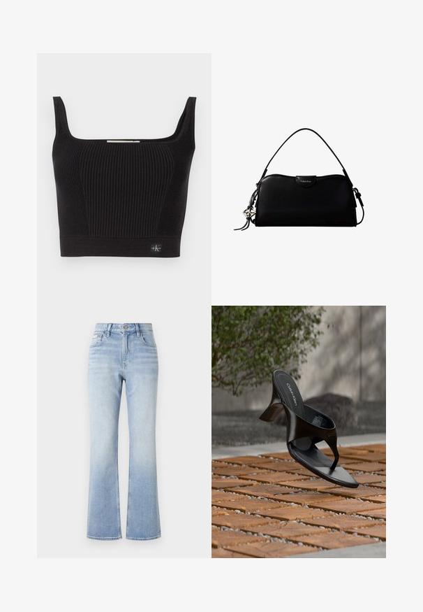 Zwarte geribbelde crop top met brede bandjes, vierkante halslijn en een aangesloten ontwerp. Beschikt over een klein logotag aan de onderzijde links.; Lichtblauwe denim flared jeans met een hoge taille, contrasterende stiksels, voorvakken en een subtiele vervaging naar de zoom toe.; Zwarte Calvin Klein hoge hak teenslipper die zweeft boven een betegeld buitenterrein met groen en een betonnen muur op de achtergrond.; Zwarte rechthoekige Calvin Klein handtas met enkele bovenriem, zilveren logo-ornament en een kleine klepsluiting aan de voorkant.