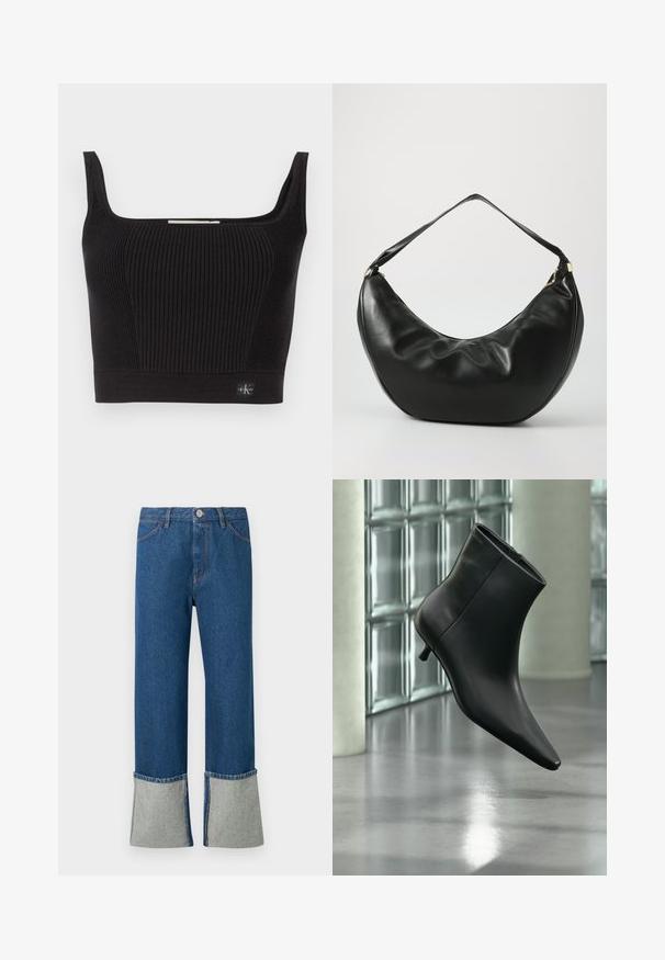 Must mustriba crop-top lai lai rihmide raamiga, ruudukujulise kaelusega ja sobiva disainiga. Kõhualuses vasakus nurgas on väike logo silti.; Tumedates sinises džinsid, millel on laiad helesinised sääreotsad. Omab esist klappi, õmblusaktsente ja nelja taskut. Klassikaline sirge lõige.; Mustast nahast pahkluu saabas terava varbaotsaga ja madala Kitsuki kontsaga, kuvatud nurga alt läikiva põranda ja klaasplokkseinaga taustal.; Mustast nahast õla kott, millel on kõver kuju, pehme tekstuur ja üks rihm; sisaldab kuldset tõmblukku ja peent brändimist.