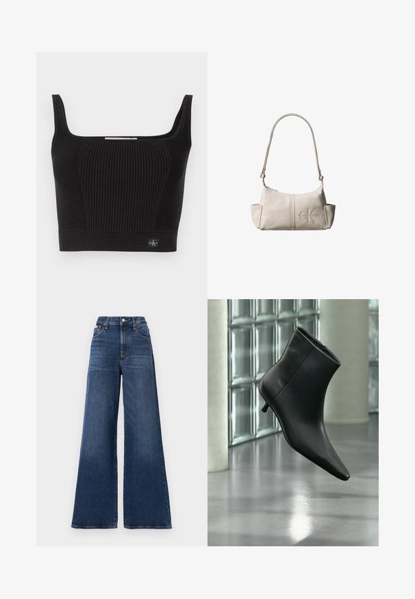 Sort ribbet crop top med brede stropper, firkantet udskæring og tætsiddende design. Har et lille mærke nederst til venstre.; Højtaljede, brede bukser lavet af mørkeblå denim, med knaplukning, fem lommer og subtil falming på lårene.; Sort læderankelstøvle med spids tå og lav kitten-hæ, vist vinklet mod en poleret gulv- og glasblokvæg.; Lille beige læder skuldertaske med justerbar rem og præget Calvin Klein-logo foran i midten.