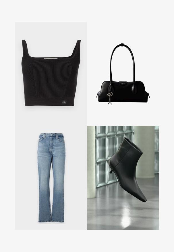 Top court noir côtelé avec de larges bretelles, décolleté carré et design ajusté. Présente une petite étiquette logo en bas à gauche.; Jean en denim bleu clair avec une jambe droite, design à cinq poches, passants de ceinture et fermeture éclair. Le tissu a une texture subtile.; Bottine en cuir noir à bout pointu et petit talon kitten, présentée en angle devant un sol poli et un mur en blocs de verre.; Sac à main en cuir noir Calvin Klein avec de longues anses, une étiquette logo à l'avant et un charme géométrique argenté suspendu à une anse.