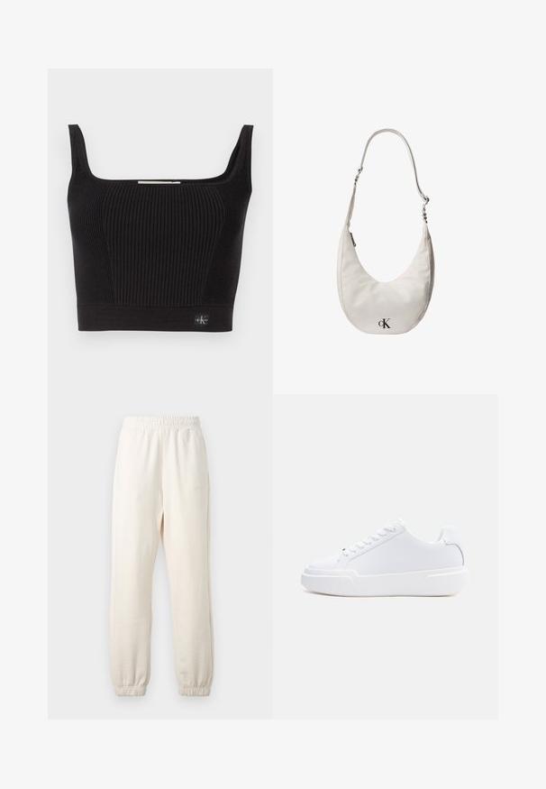 Sort ribbet crop top med brede stropper, firkantet udskæring og tætsiddende design. Har et lille mærke nederst til venstre.; Kremfarvede joggingbukser med elastisk linning og manchetter, vist fladt mod en lys baggrund.; Hvid lavtop-sneaker med snørelukning, tyk sål og glat overdel, vist fra ydersiden mod en ensartet lys baggrund.; Hvid skuldertaske i læder formet som en halvmåne med justerbar rem, lynlåslukning og sort Calvin Klein-logo foran.