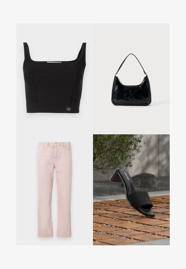 Top court noir côtelé avec de larges bretelles, décolleté carré et design ajusté. Présente une petite étiquette logo en bas à gauche.; Jean en denim rose clair avec une coupe droite, cinq poches et une fermeture éclair. Détails de couture et accents en métal argenté.; Mule Calvin Klein noire à bout ouvert avec talon bloc sur un sol en carreaux de bois, en extérieur avec un arrière-plan flou de verdure et de béton.; Sac à main en cuir verni noir avec une anse incurvée, fermeture éclair et logo "cK" embossé sur le devant. Texture lisse, forme structurée.