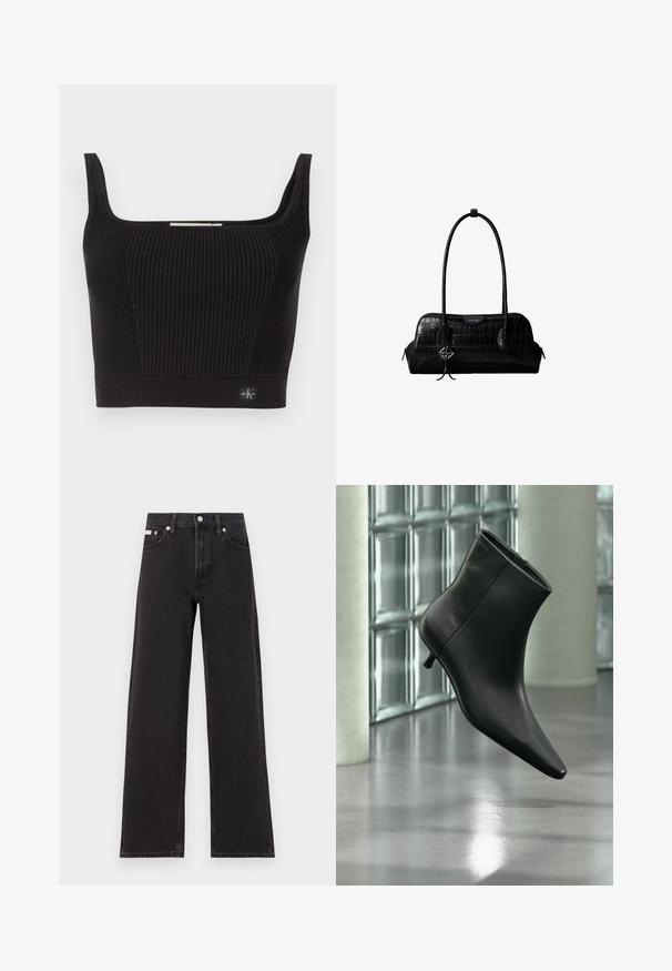Schwarzes, geripptes Crop-Top mit breiten Trägern, quadratischem Ausschnitt und figurbetontem Schnitt. Mit einem kleinen Logo-Tag unten links.; Schwarze weit geschnittene Jeans aus Denim mit einem hoch sitzenden Bund, fünf Taschen und einem Metallknopfverschluss mit kontrastierendem Nähte.; Schwarzer Leder-Stiefelette mit spitzer Zehenpartie und niedrigem Kitten-Heel, schräg dargestellt vor einem polierten Boden und einer Glasbausteinwand.; Schwarze Umhängetasche aus krokodilstrukturiertem Leder mit langen Riemen und einem kleinen silbernen Logocharm an einem Riemen.