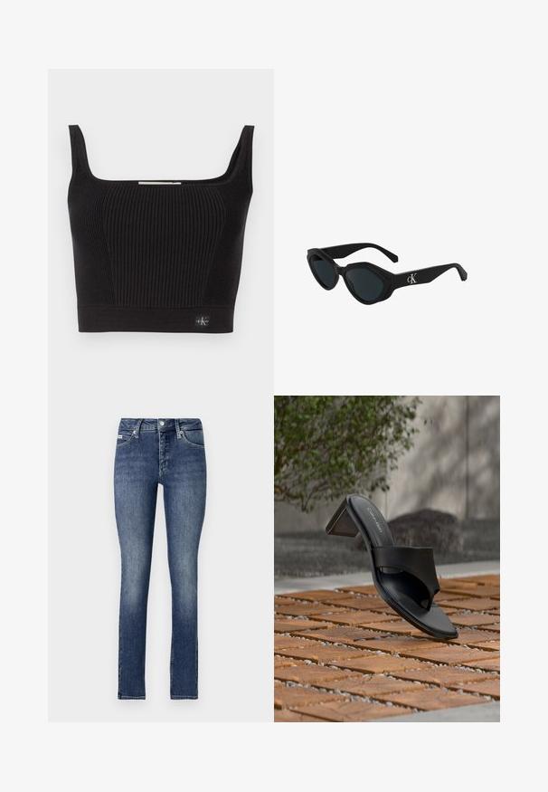 Čierny rebrovaný crop top so širokými ramienkami, štvorecovým výstrihom a priliehavým strihom. Obsahuje malú logo nášivku vľavo dole.; Chudé džíny v tmavom denime, s stredne vysokým pásom, piatimi vreckami, viditeľným šitím a gombíkovým zapínaním v páse.; Čierna sandála Calvin Klein na podpätku s prstovou slučkou na drevenej dlažbe vonku pri strome a kamennom múre.; Čierne slnečné okuliare v štýle mačacích očí s lesklým povrchom, tmavými sklami a logom "cK" na spánku. Ostrý dizajn a hrubé rámy.