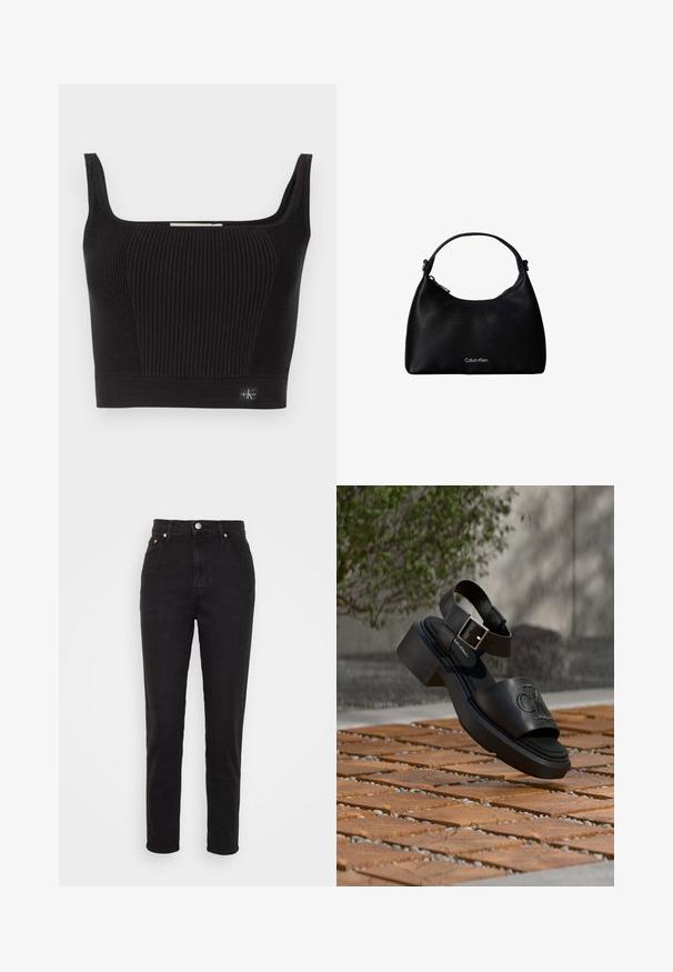 Čierny rebrovaný crop top so širokými ramienkami, štvorecovým výstrihom a priliehavým strihom. Obsahuje malú logo nášivku vľavo dole.; Čierne vysoké slim-fit džínsy so zapínaním na gombík vpredu, pútkami na opasok a dizajnom s piatimi vreckami na bielom pozadí.; Čierna kožená sandála Calvin Klein s remienkom okolo členka a prackou vznášajúca sa nad vonkajšou drevenou a kamennou dlažbou.; Čierna textúrovaná kožená kabelka s jedným popruhom a strieborným logom Calvin Klein na prednej strane, zipsové zapínanie na boku.