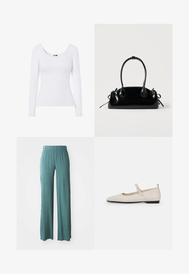 Top à manches longues blanc avec un décolleté arrondi et une texture côtelée, conçu pour une silhouette ajustée. Sans motifs ni accents.; Pantalons large en teal clair, fabriqués en tissu texturé avec une taille élastique, présentant une coupe décontractée et droite.; Ballerines en cuir blanc avec bout pointu, bride à la cheville et petit talon noir. Texture lisse avec des accents minimaux.; Petit sac à main noir brillant avec deux longues anses et des détails à cordon sur les côtés sur un fond clair uni.