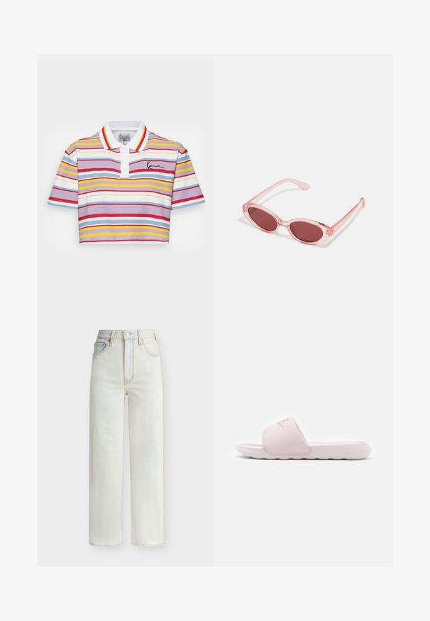 Polo-Shirt in Weiß mit horizontalen Streifen in Rot, Gelb, Blau und Lavendel. Mit einem Kragen und kurzen Ärmeln.; Hoch sitzende Jeans mit geradem Bein in Hellblau, mit vorderem Knopf, Reißverschluss und Fünf-Taschen-Stil.; Rosa Rutschelsandale mit einer flexiblen Gummisohle, gepolstertem Riemen und minimalistischer Gestaltung. Mit einem Logo auf dem Riemen und glatter Textur.; Pink transparente Sonnenbrille mit ovalen Gläsern, dunkler roter Tönung und schlanken Bügeln, ausgestattet mit einer glatten Oberfläche und dezenten Details am Rahmen.