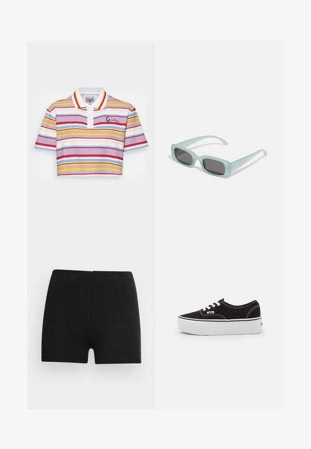 Polo T-shirt i hvid med vandrette striber i rød, gul, blå og lavendel. Har krave og korte ærmer.; Sorte bomulds shorts med et tætsiddende design og elastisk talje. Glat tekstur, længde til midt på låret, og uden synlige mønstre eller accenter.; Sort lærred sneakers med en hvid gummi platform sål, der har hvide snørebånd og syninger, ikonisk branding på siden, lav-top design.; Et par rektangulære solbriller med lyseblå gennemsigtige stel og mørkegrå linser, der har lige templer og minimale hardware detaljer.